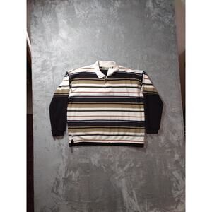 Banana Jack Polo Shirt Mens L Long Sleeve Brown White Stripe Y2K Rugby Blokecore